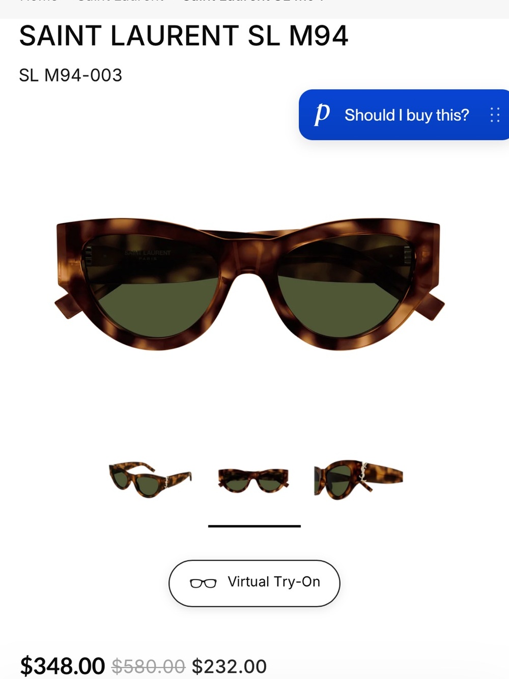 New Saint Laurent Tortoiseshell Cat Eye Sunglasses - Brown - Picture 3 of 9